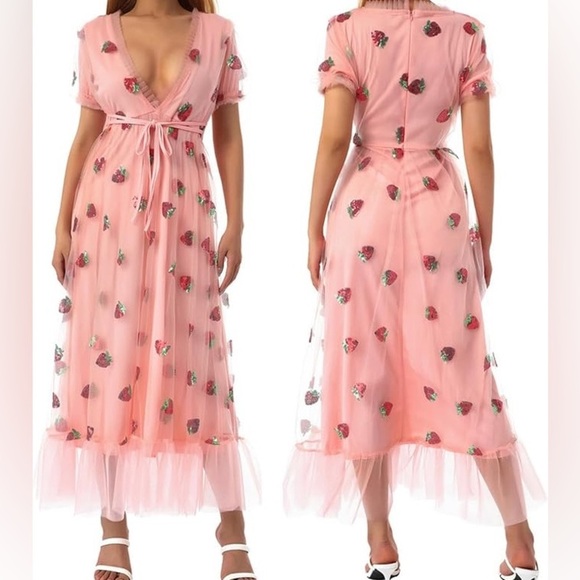 Strawberry Sequin Mesh Overlay Maxi Dress - Picture 1 of 16